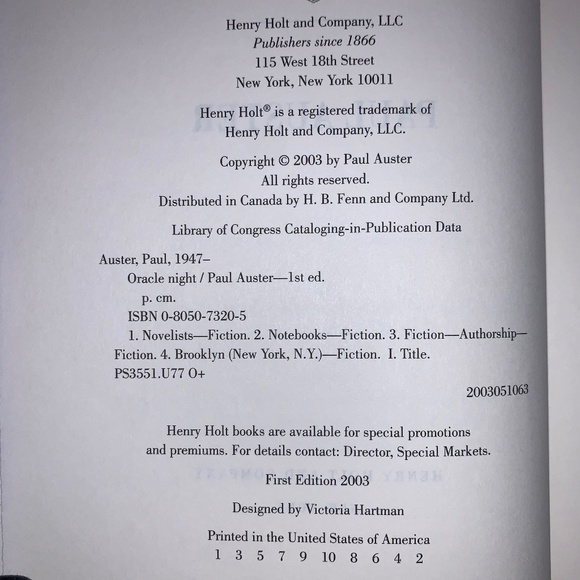 Oracle Night, a novel by Paul Auster, 2003, HC, First Edition - Picture 3 of 4